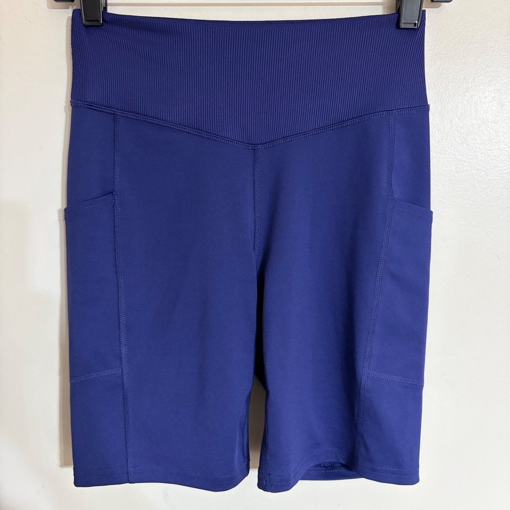 Tek Gear Womens High Waisted Bike Shorts Blue Side Pockets Size S RN73277
